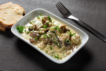 Chicken meat with mushrooms and cream with herbs