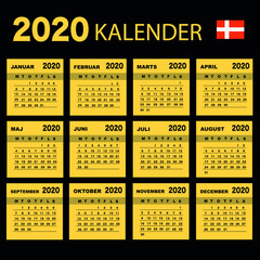 Danish calendar 2020 with simple black numbers, week starts on Monday. Vector calendar 2020.