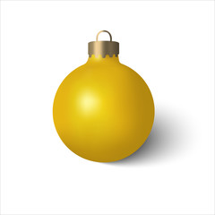 3D golden Christmas ball isolated on white background. Template of yellow Christmas balls with flare and shadow. Blank vector mock up. Front view.
