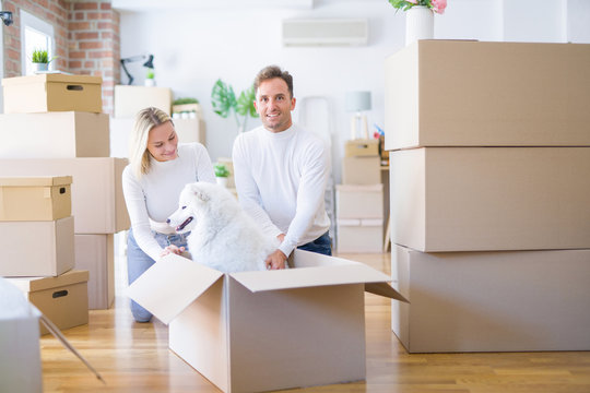 Young beautiful couple with dog sitting on the floor at new home around cardboard boxes
