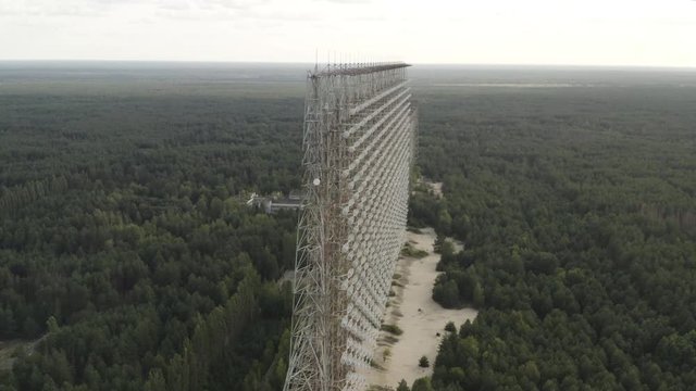 Aerial orbit around the Duga Radar in Chernobyl, Ukraine. Slow close up.