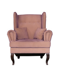 Cappuccino chair with pillows on white background. Upholstered furniture for the living room. Сoffee-coloured armchair isolated