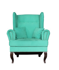 Mint green chair with pillows on white background. Upholstered furniture for the living room. Turquoise armchair isolated