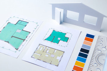 Architectural company. Architect's desk. Design of the building. Floor plan. Architect is working...