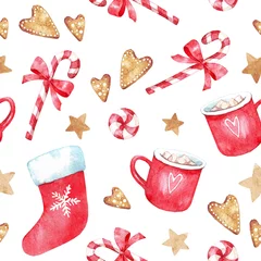 Keuken foto achterwand Aquarel prints Kerstdecor, peperkoekkoekjes, rode kerstsok, snoep, beker met marshmallowmok met zilveren belletjes. Naadloze patroon. Aquarel set geïsoleerd op een witte achtergrond.