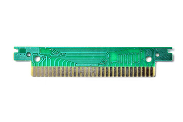 Green electronics circuit board with tracks on a white background isolated.