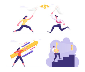 Fototapeta na wymiar Set of Businesspeople Catching Money with Net. Businesswoman Shoot with Bow Rising Arrow, Man with Huge Key Climbing Upstairs to Keyhole. Career Success Development. Cartoon Flat Vector Illustration