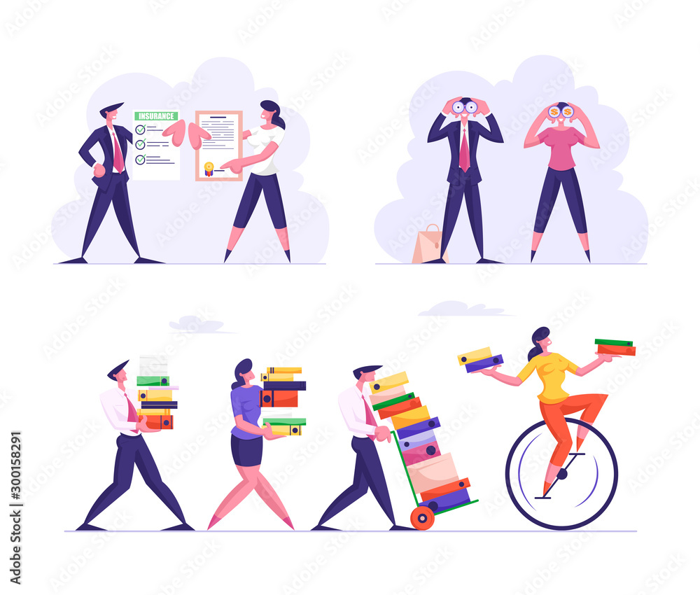Poster set of business characters overloaded with work carry huge piles of folders. vision and forecast con