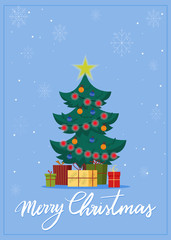 Fototapeta na wymiar Flat cartoon style Merry Christmas card isolated on blue background. Hand drawn lettering. 
