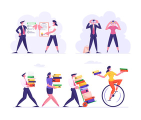 Set of Business Characters Overloaded with Work Carry Huge Piles of Folders. Vision and Forecast Concept People Watching to Binoculars. Insurance Policy Signing Paper. Cartoon Flat Vector Illustration