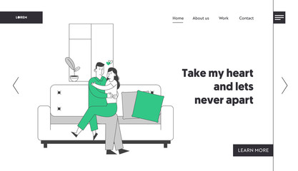 Loving Couple Hugging Sitting on Couch at Home Website Landing Page. Romantic Relations. Man Woman Sitting on Sofa. Love and Dating Leisure Web Page Banner. Cartoon Flat Vector Illustration, Line Art
