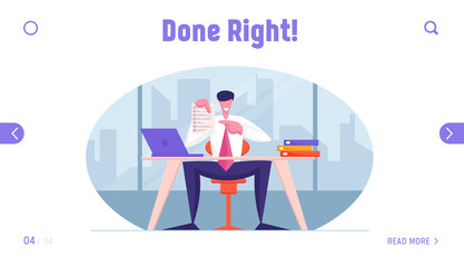 Business Contract Website Landing Page. Businessman or Lawyer in Suit Sitting at Desk with Laptop in Office Demonstrate Paper Document with Check List Web Page Banner. Cartoon Flat Vector Illustration