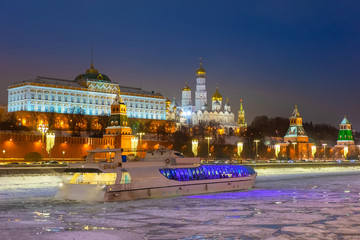 Moscow. Russia. Grand Kremlin Palace. Motor ship on the background of the Kremlin. Moscow River in...