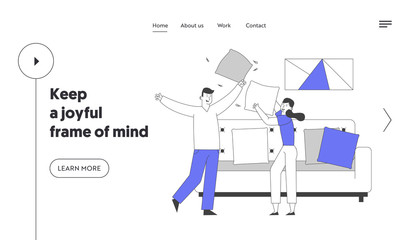 People Fooling and Having Fun at Home Website Landing Page. Loving Couple Jumping on Sofa Fighting with Pillows. Love Enjoying Life Leisure Web Page Banner. Cartoon Flat Vector Illustration, Line Art