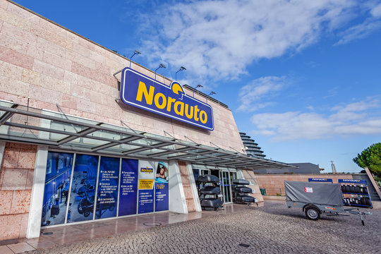Almada, Portugal - October 24, 2019: Norauto car or auto parts shop and service station or auto repair shop in Almada Forum shopping mall or center. Norauto is a French company