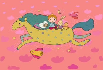 Little Prince. Cute cartoon boy in a crown flies on a pony. Cheerful hare, sheep and chicken