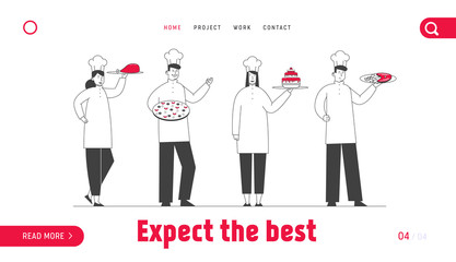Restaurant Staff in Uniform Demonstrating Cafe Menu Website Landing Page. Men and Women Chefs in Toque and Apron Holding Trays with Meals Web Page Banner. Cartoon Flat Vector Illustration, Line Art