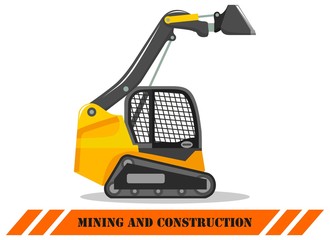 Skid steer loader. Detailed illustration of heavy construction machine and equipment. Vector illustration.