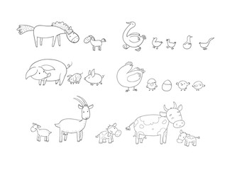 Farm animals. Cute cartoon horse, cow and goat, sheep and goose, chicken and pig.