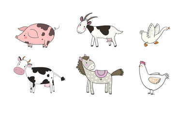 Farm animals. Cute cartoon horse, cow and goat, sheep and goose, chicken and pig.