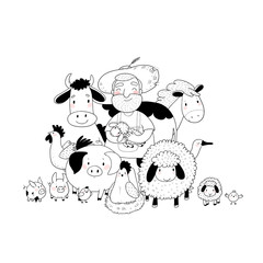 Cute cartoon farmer and animals. Country man and cow, horse and sheep, chicken and goose, pig and rooster.