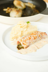 Belgian dish Chicory gratin served with mashed patatoes