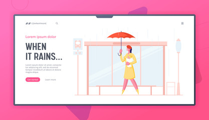 Spring Autumn Rainy Season Weather, Meteorology Storm Website Landing Page. Woman City Dweller Holding Umbrella and Bread Stand on Bus Stop in Rain Web Page Banner. Cartoon Flat Vector Illustration