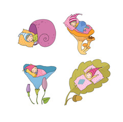 Cute cartoon sleeping gnomes. Forest elves. Vector illustration