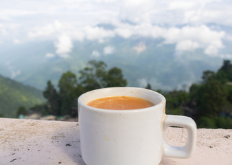 A nice cup of milk tea with a nice natural view in leisure time.