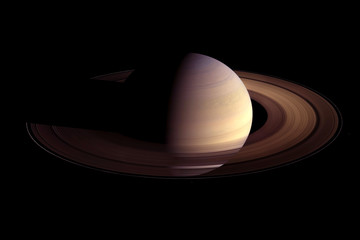 The beautiful planet Saturn, with rings, and the Sun in the distance. Elements of this image were...