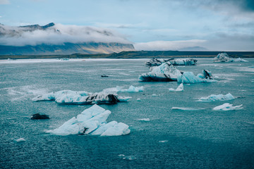 Scenic view of icebergs in Glacier Lagoon, Iceland.