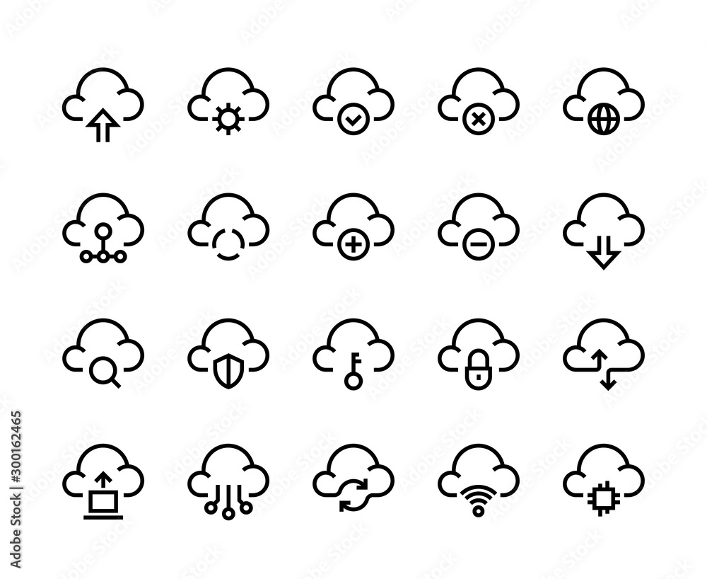 Aufkleber Cloud computing line icons. Network data transfer download sync and upload, internet platform. Vector cloud technology set like service element computer archiving and connected symbols