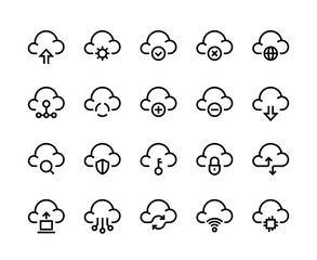 Cloud computing line icons. Network data transfer download sync and upload, internet platform. Vector cloud technology set like service element computer archiving and connected symbols
