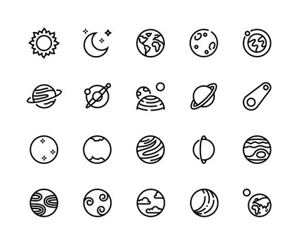 Planet line icons. Solar system cosmos planets with Earth Moon Jupiter Uranus and other. Vector illustration astronomy infographic elements astrology concept with outline symbols planets