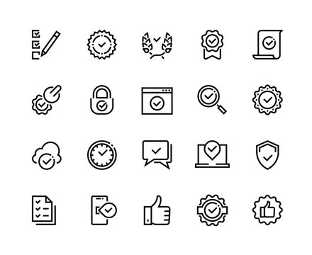 Quality control line icons. Check mark and approve certificate outline symbols, confirmation and quality guaranteed vector sign set. Technological line check and certificate of conformity stamp