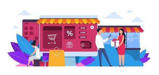 Shopping concept. Cartoon people at retail store, market or restaurant, small local shop or supermarket. Vector illustration online retail purchase and discount, personalized design business building