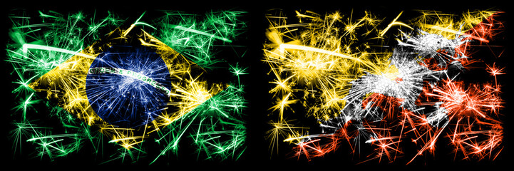 Brazil, Brazilian vs Bhutan, Bhutanese New Year celebration sparkling fireworks flags concept background. Combination of two states flags