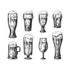 Hand drawn beer glasses. Vintage ink drawing of pub glasses with beer and bubble foam on top. Vector illustrated sketches beverage set isolated on white background