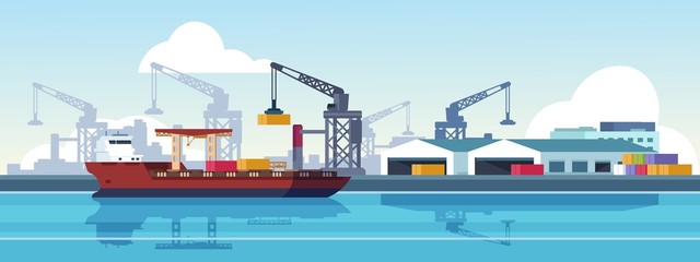 Marine port. Shipping transportation and ocean logistic flat banner, cargo ships and freight vessels. Vector illustration loading by crane maritime freight transportation container in dock