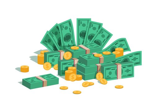 Money pile. Bundle with flying dollars and rolling golden coins, stack of green banknotes and coins on white background. Vector isolated image business finance earn cash concept