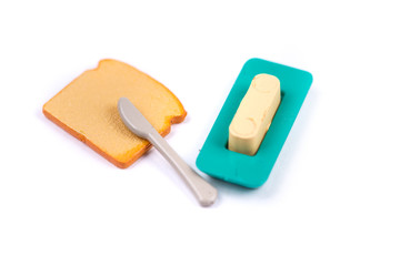 Childs toy plastic food molded 1/6th scale toast, butter container and knife