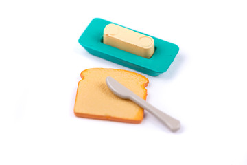 Childs toy plastic food molded 1/6th scale toast, butter container and knife