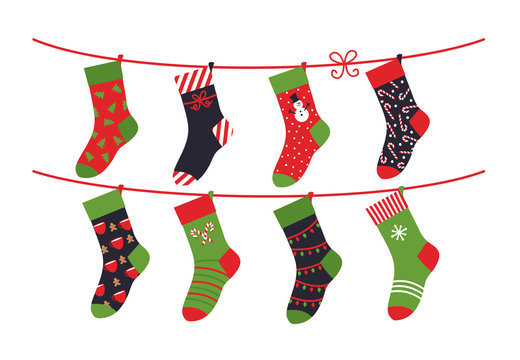 Cartoon Socks. Children Clothing Elements With Cute Christmas Patterns Drying Sock Collection On Rope. Vector Illustration Winter Holidays Flat Set Green Colour Comfortable Clothes