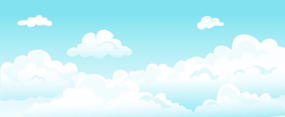 Cartoon blue sky and curly clouds. Vector white cloud beauty dreams horizontal background. Cover fluffy white and blue heavenly summer skies wallpaper for poster illustration