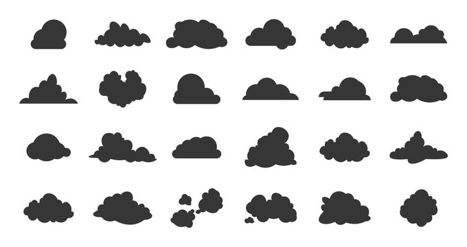 Flat clouds icon. Black spring nature shadow simplicity silhouettes. Vector illustrations various form cloud sky pictogram set on white background for digital technology