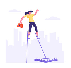 Risky Management and Business Risk Concept. Businesswoman Balancing on Stilts Step Directly into Trap on Ground on City Skyline. Office Employee in Dangerous Situation Cartoon Flat Vector Illustration