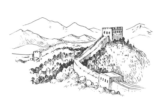 Sketch of the Great Wall of China. Hand drawn illustration converted to vector