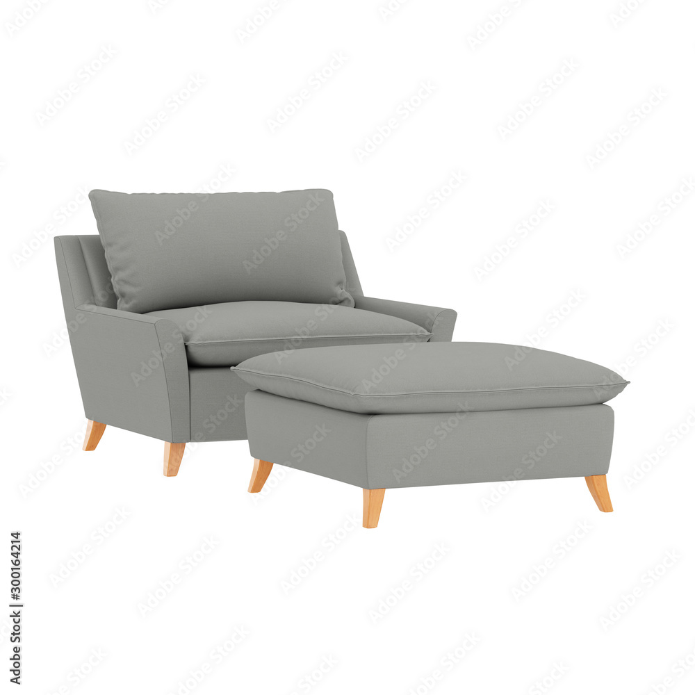 Poster gray cloth armchair and ottoman front view on an isolated background. 3d rendering