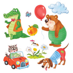 Obraz premium Small set of cute and funny animals. Alligator, bear, cat and dog. Cartoon characters. Character design. 