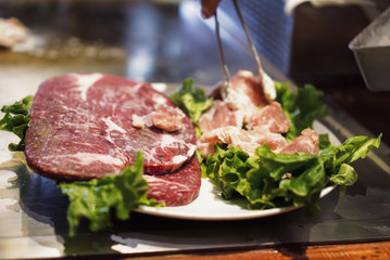 Slabs of meat for teppanyaki barbecue BBQ